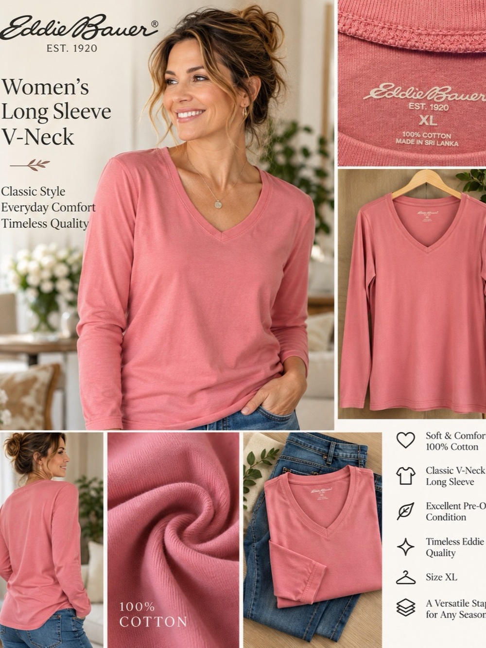 Eddie Bauer Women’s XL Long Sleeve V-Neck -Dusty Pink- 100% Cotton